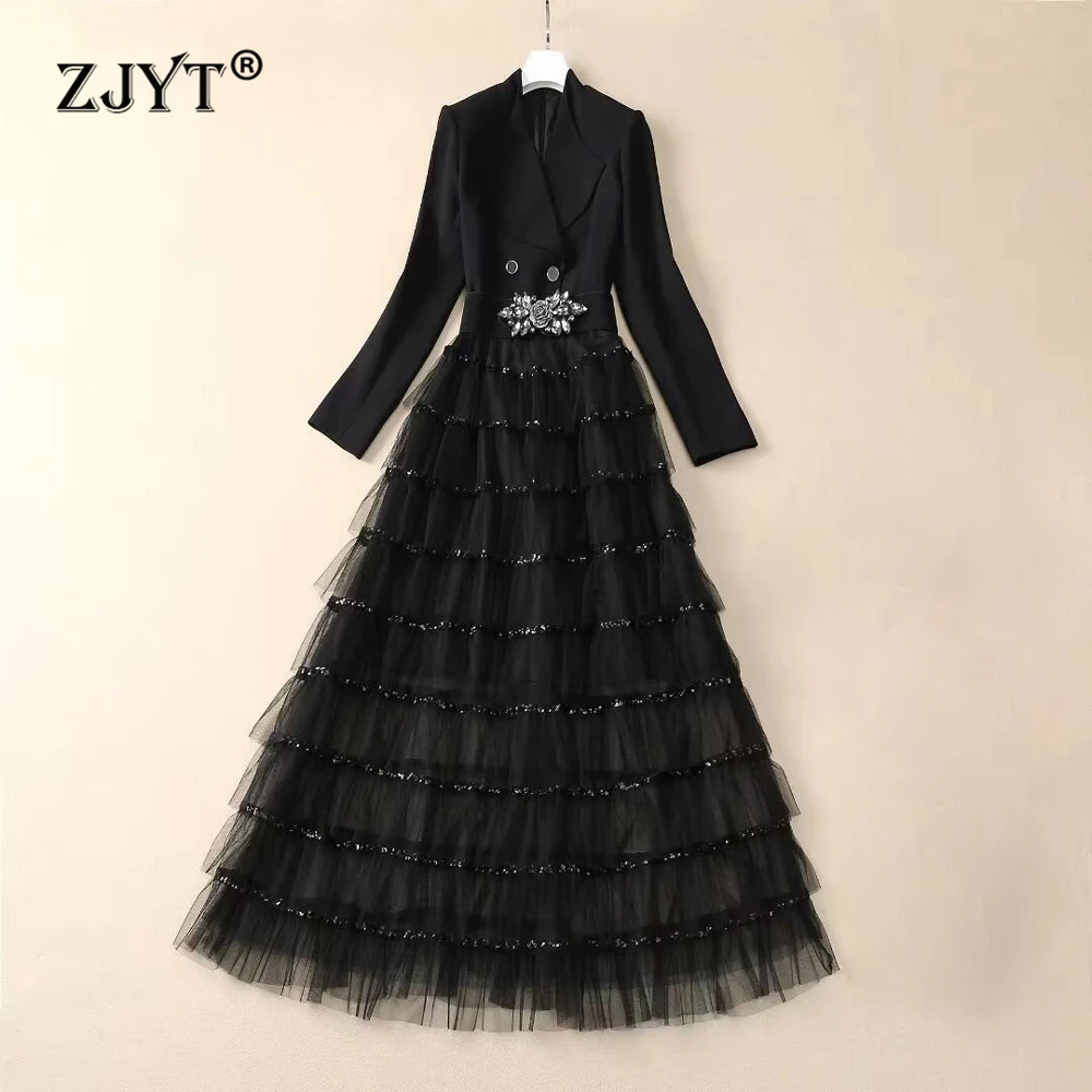 

ZJYT Elegant Ladies Ruffles Layered Mesh Patchwork Long Dresses for Women Autumn 2024 Black Evening Party Dress Vestidos Robes
