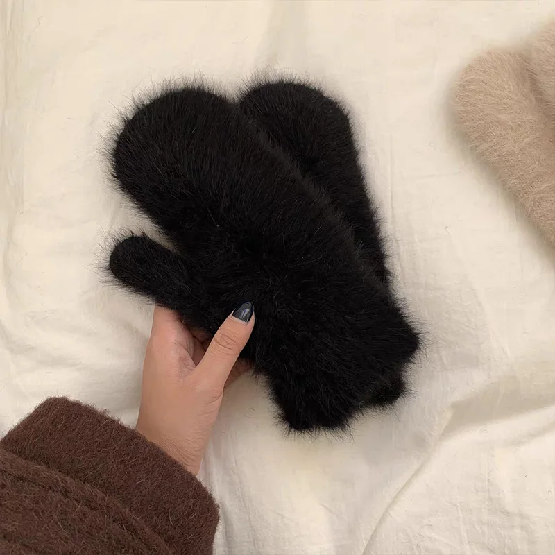 Women Winter Keep Warm Plus Cashmere Solid Color Woolen Elasticity Soft Full Fingers Mittens White Fur Knitted Gloves Thicken