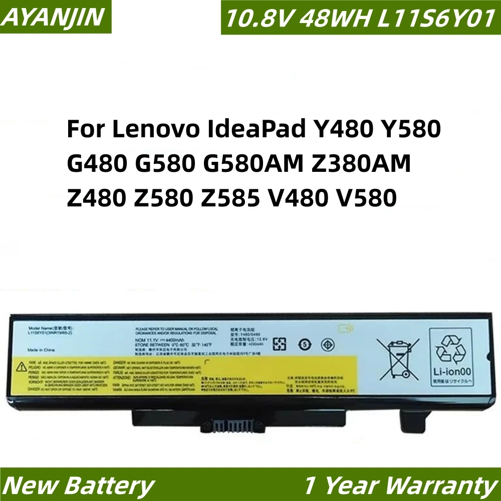 

6 Cells L11L6Y01 48WH Laptop Battery for Lenovo IdeaPad Y480 Y580 G480 G580 G580AM Z380AM Z480 Z580 Z585 V480 V580 L11S6Y01