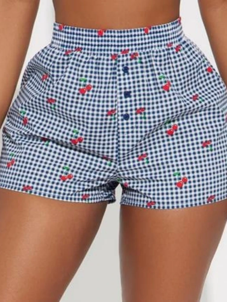 الكرز منقوشة الغنيمة السراويل للنساء الملابس أزرار مثير فتاة الشاطئ الزي عالية الخصر سراويل قصيرة Pantalones Cortos De Mujer #5