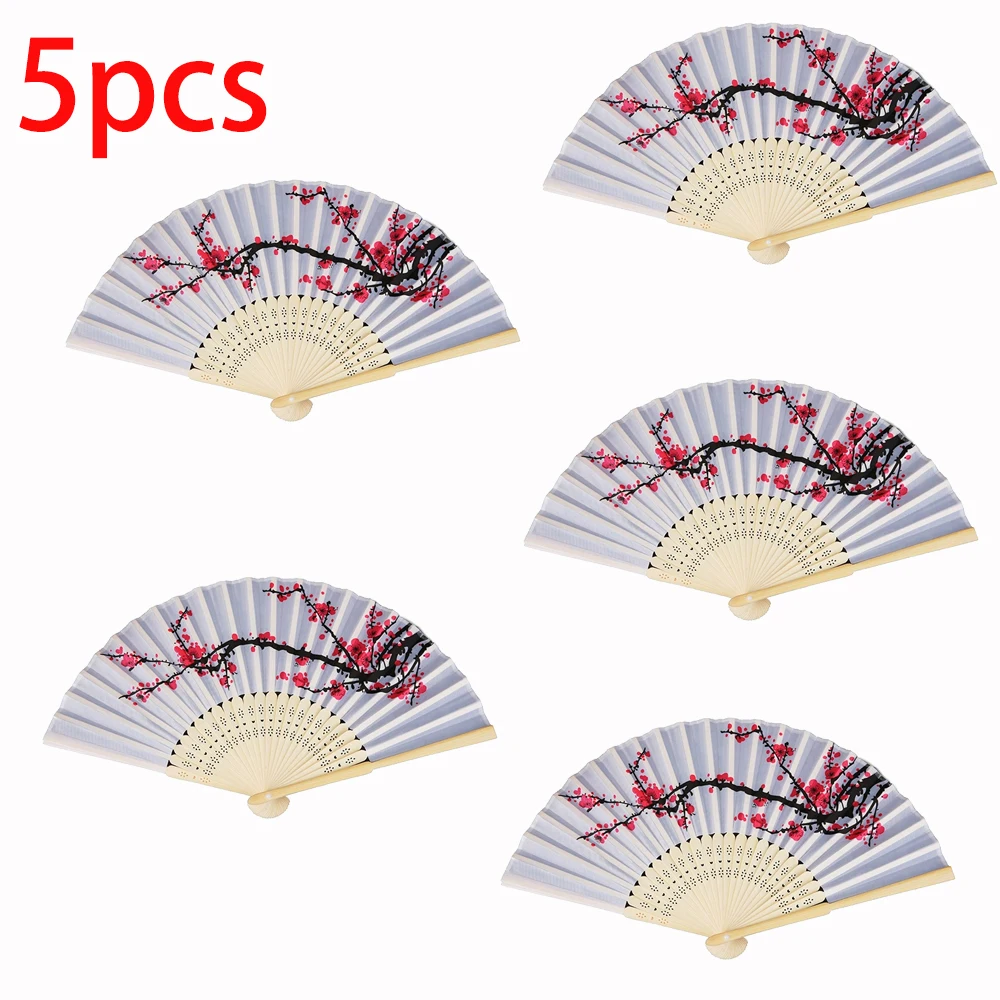 5 Pcs Cherry Blossom Silk Folding Fans Set for Wedding DIY Decoration Hand Fans for Music Festival And Party Favors