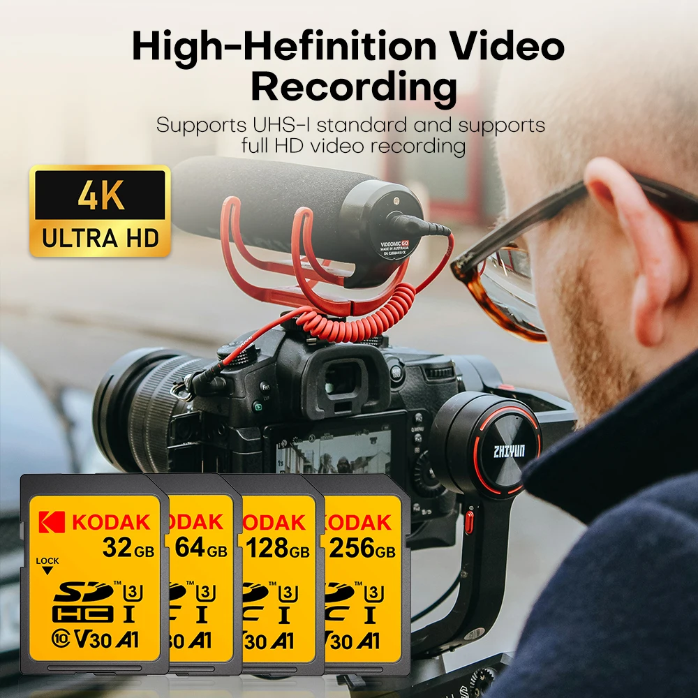 การ์ดหน่วยความจำ KODAK SD V30 แฟลชการ์ดความเร็วสูง 32GB 64GB 128GB SDXC SDHC ดิจิตอลสำหรับกล้อง SLR 4K HD เฉพาะ