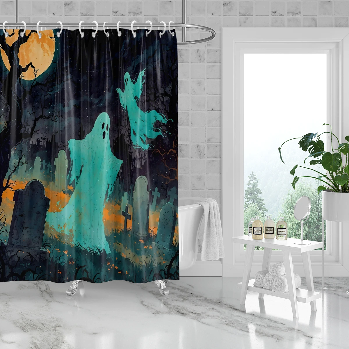 1PC Halloween themed elements Series Pattern Shower Curtain,Washable Waterproof Shower Curtain,12 hooks,Family Bathroom Decor