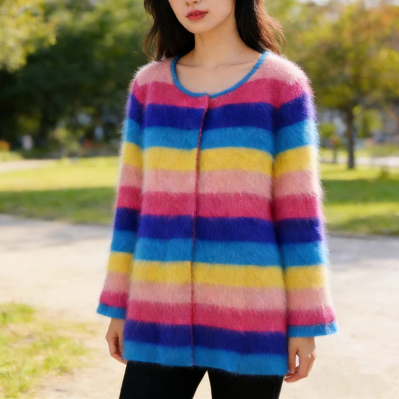 

Женский пушистый кардиган из кашемира и меха норки с длинными рукавами, в радужную полоску, с круглым вырезом, на пуговицах, зимний вязаный свитер-пальто