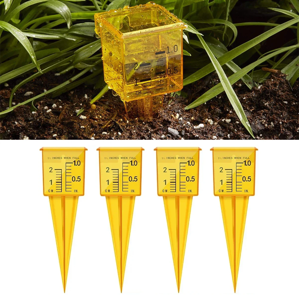 Medidor de lluvia de 1,5 "con escala doble pulgadas/centímetros medidor de aspersor de césped y jardín herramienta de medición de agua multifuncional para exteriores 4 Uds
