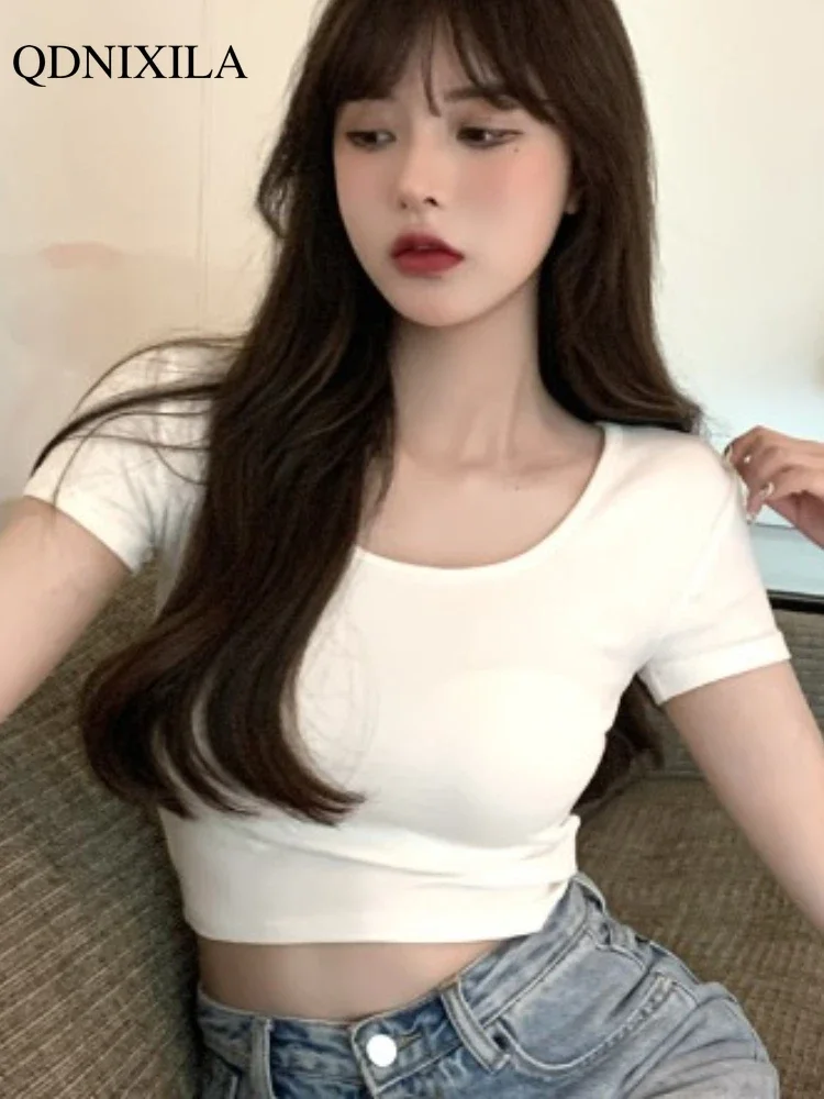 2024 Women's T-shirt Summer New Slim O-neck Short Sleeve Bottoming Shirt Fashion Casual Pullover Crop Top Korean Woman Clothing