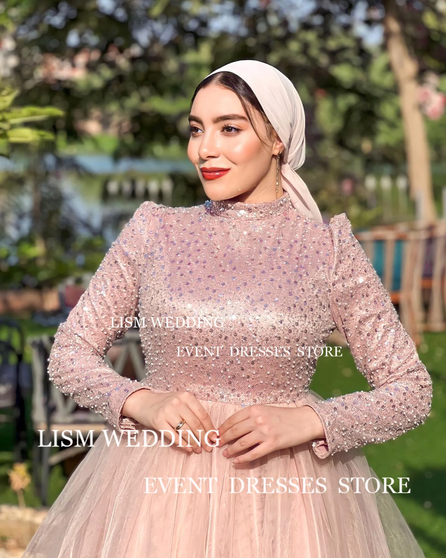 LISM Luxury Pink Muslim A Line Evening Dresses With Hijab Arabric Dubai Sequined Long Sleeves For Women Formal Party Prom Gowns