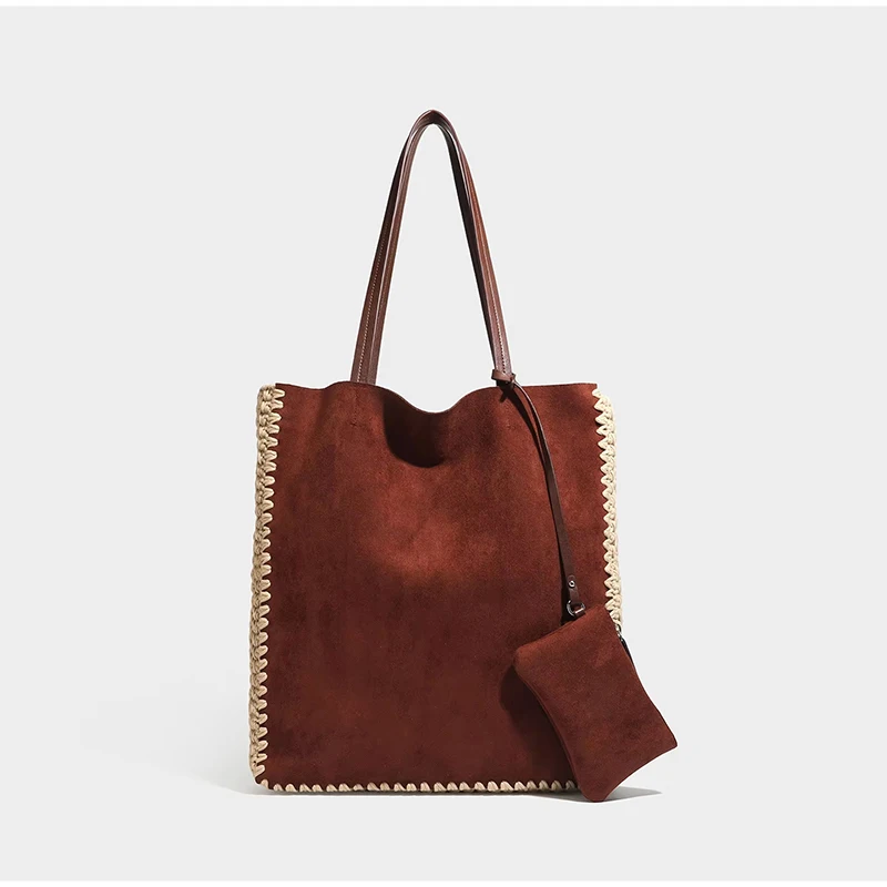 Vintage-Umhängetasche aus Kunstwildleder mit passendem Portemonnaie, Damenhandtasche mit Häkelspitzenbesatz, elegante Colorblock-Tragetasche für Herbst und Winter – Detail 1