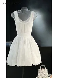 Elegant High Waist Short Dress Women's Summer French Style Exquisite Design Sense Niche Sleeveless Vest Stitching White Dress