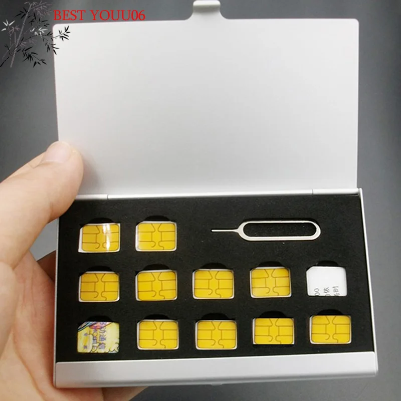 Hot 12-Slots-NANO+1-Slot-Card-Pin Aluminum Portable SIM Micro Pin SIM Card Nano Memory Card Storage Box Case Protector Holder