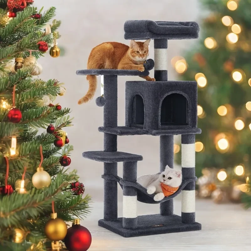 44.1 Inch Tree,Cat Tower-Multi-Level Cat Condo with 4 Scratching Posts,2 Perches,Hammock,Cave,Anti-tilt Stable Kitty Play House