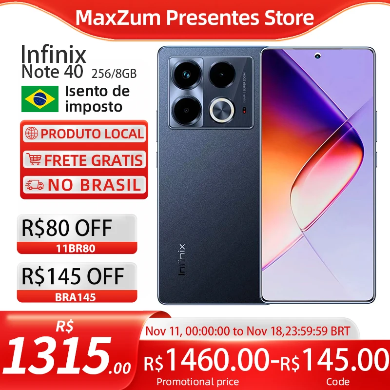 Infinix Note 40 256GB ROM / 8GB RAM Versão Global | Smartphone 4G, Câmera 108MP, Carregador 45W