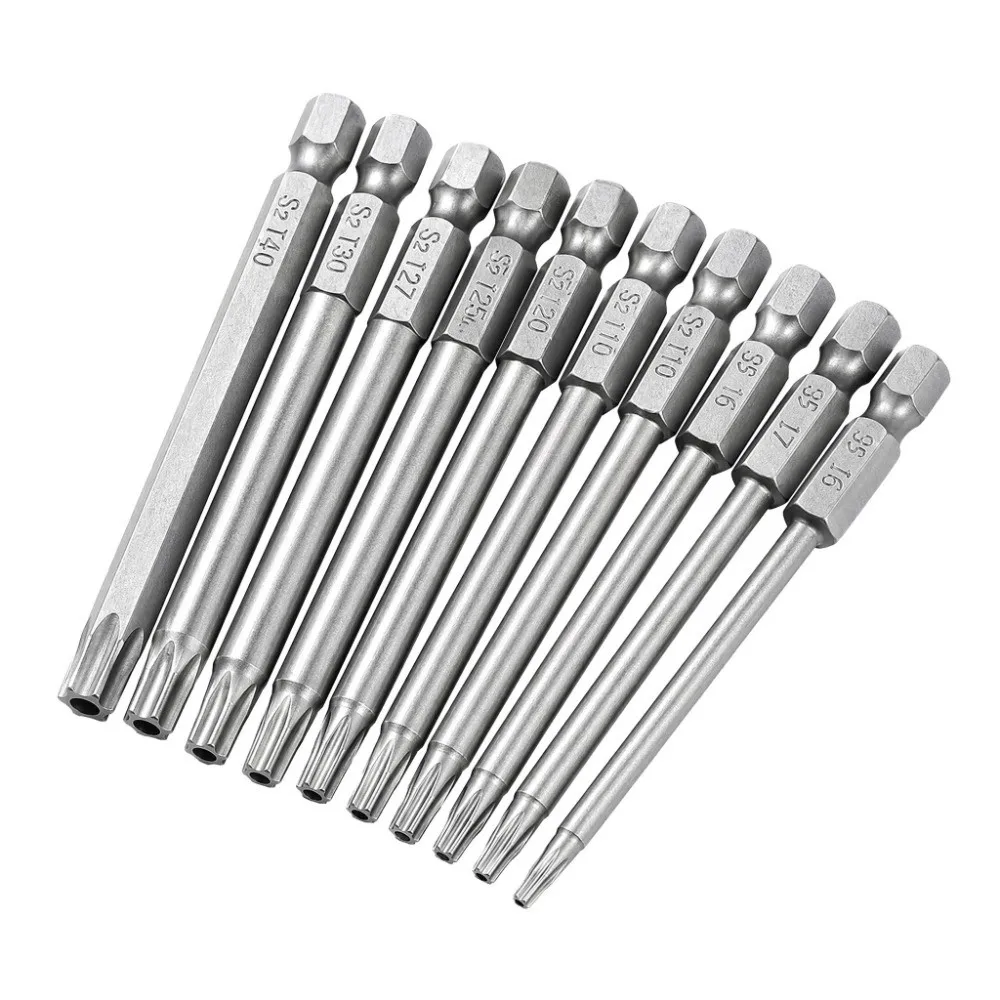 11pcs 100mm Length Screwdriver Bit Set S2 Alloy Steel 1/4 Inch Hex Shank Star Screwdriver Bits 6 Point T6-T40 Drill Bit Set