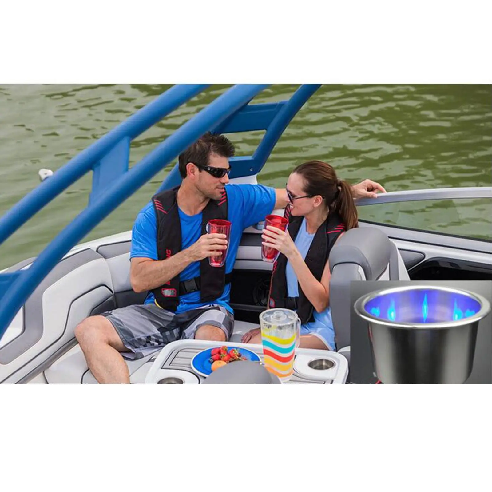 Recessed LED Stainless Steel Cup Holder with Drain Multi-fit Drink Organizer for Boat Truck Car Poker Table