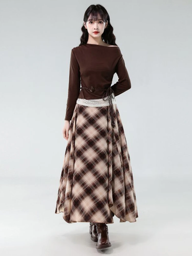 

Женский осенний модный ретро лоскутный кружевной топ с длинными рукавами и высокой талией, клетчатая полудлинная юбка, повседневный комплект из двух предметов