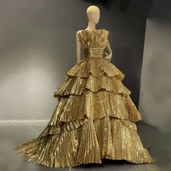 Golden Tiered Puff Pleat Chapel Train Sleeveless Strapless Evening Dresses Formal Occasion Luxury Gorgeous Prom Party Gown 2024