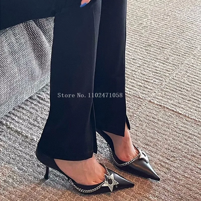 Gwiazda z metalu łańcuch płytkie Slip On pompy Sexy Pointed Toe na cienkim obcasie sandały moda kobiety letnie buty ślubne wysokie obcasy na imprezę