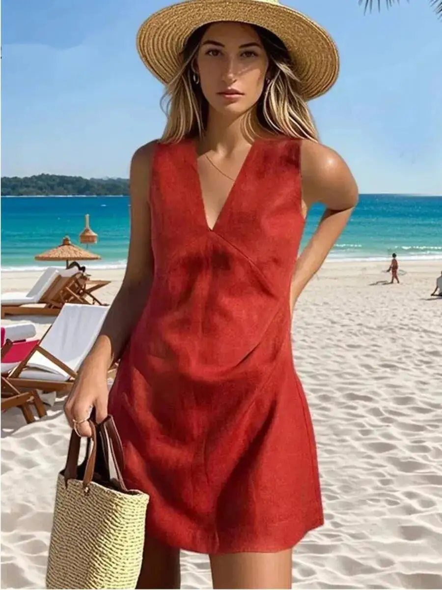 Leinen Sommer Damen Kleider Sexy V-Ausschnitt ärmelloses Basic Tank Kleid Elegante Partykleider Chic Boho Rotes Sommerkleid