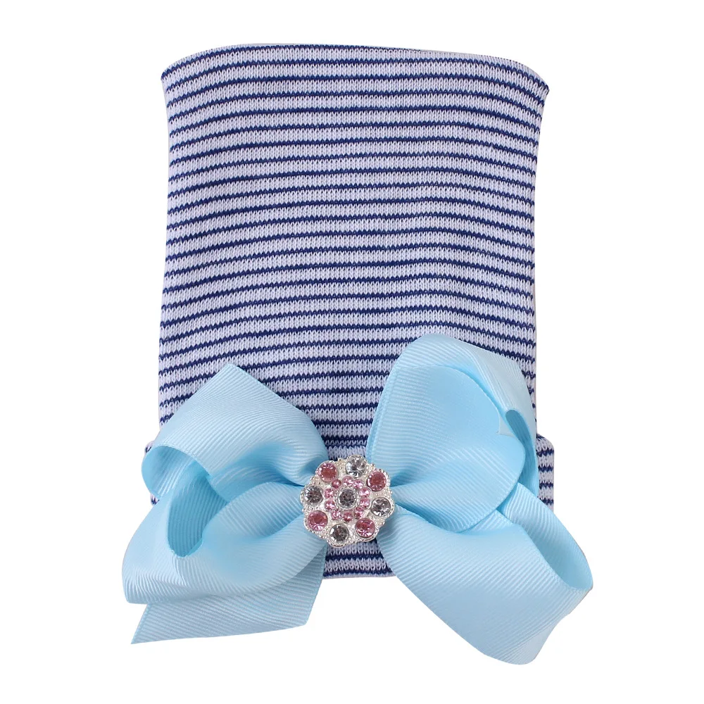 Newborn Baby Hat Shiny Diamond Toddler Baby Warm Hats Cotton Striped Caps Soft Hospital Pink White Boys Girls Bow Beanies Baby