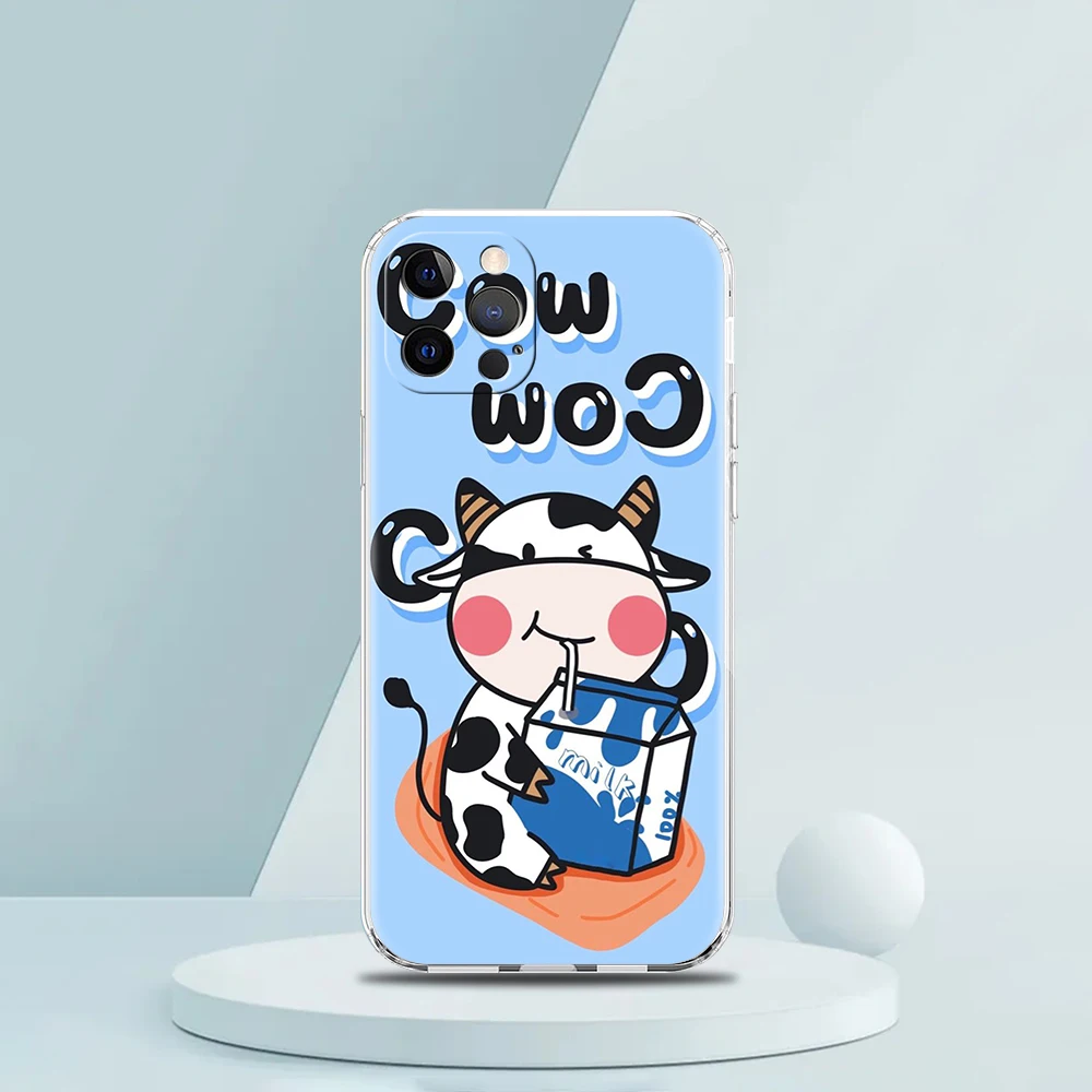 Cute Milk Cow Transparent Phone Case Cover for iPhone 16 15 14 13 12 11 Pro Max XS Max 14 7 8 Plus XR XS Soft Shell Coque Capas