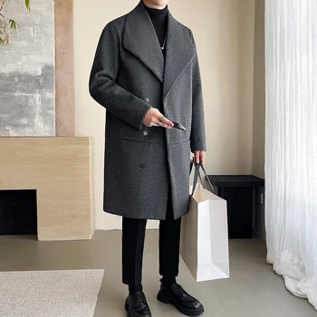 Trench men 2025 New Men Overcoat Windproof Warm Single Breasted Mid Length Two Button Overcoat Collar Wool Fabric Winter Coat