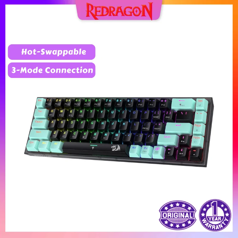 

3-режимная беспроводная RGB игровая компактная механическая клавиатура Redragon K631 PRO SE 65% с 68 клавишами горячей замены, пользовательский тихий линейный переключатель