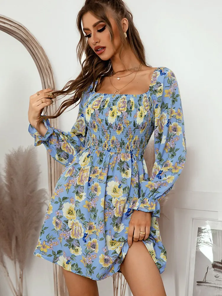 Msfilia Spring Summer Short Floral Dress For Women Full Sleeve Square Collar Ladies High Waist Print Vintage Dresses