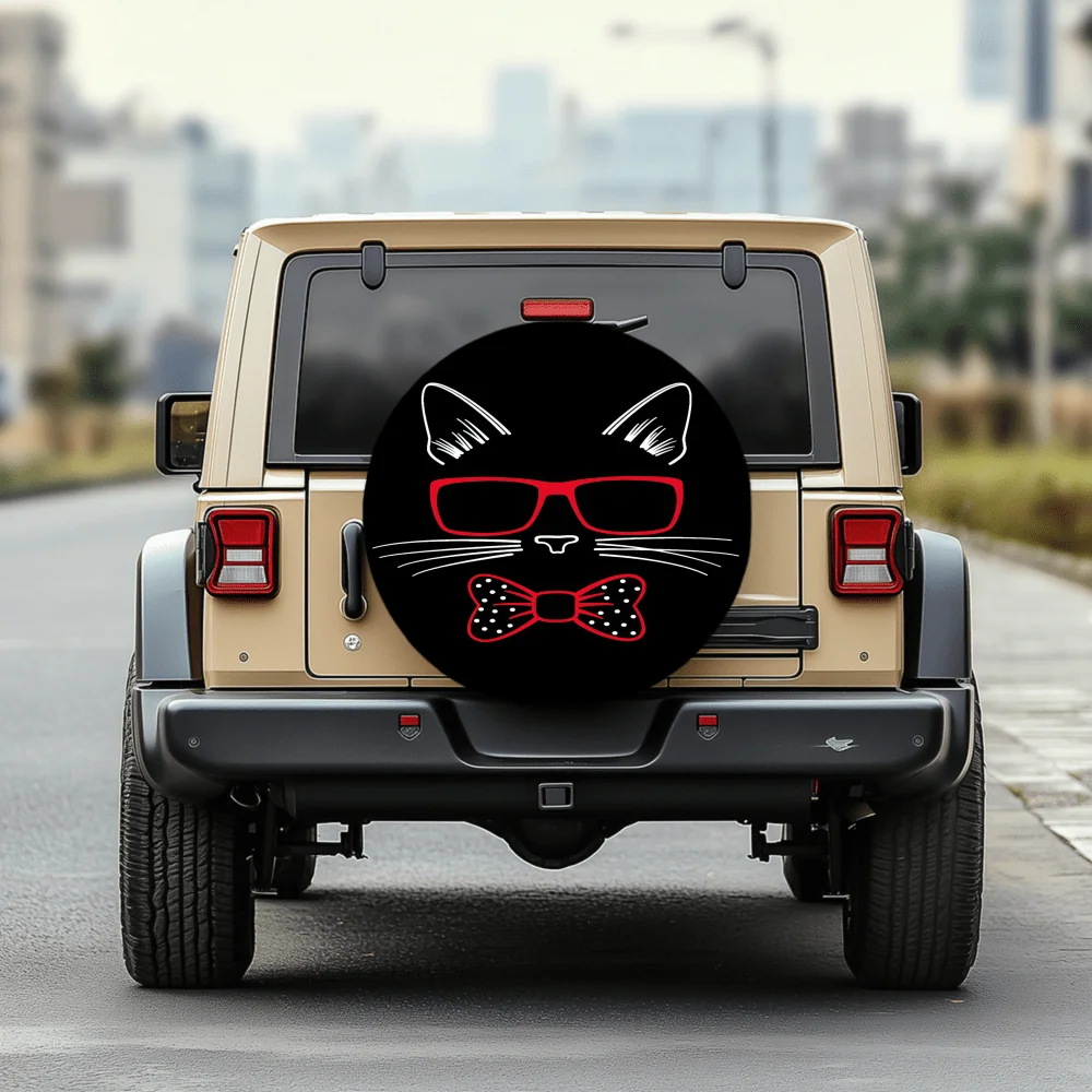 Red Glasses Playful Cat Pattern Tire Cover, 30/34 Inches Multi-Functional Tire Cover, Suitable For Jeep, Trailer, RV, Off-Road V