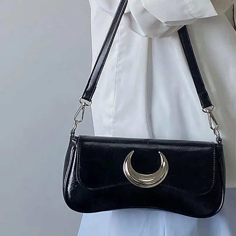 Fashion Design Women\'s Underarm Bag Moon Locking Buckle Female Shoulder Bag PU Leather Ladies Crossbody Bags Purse Handbags