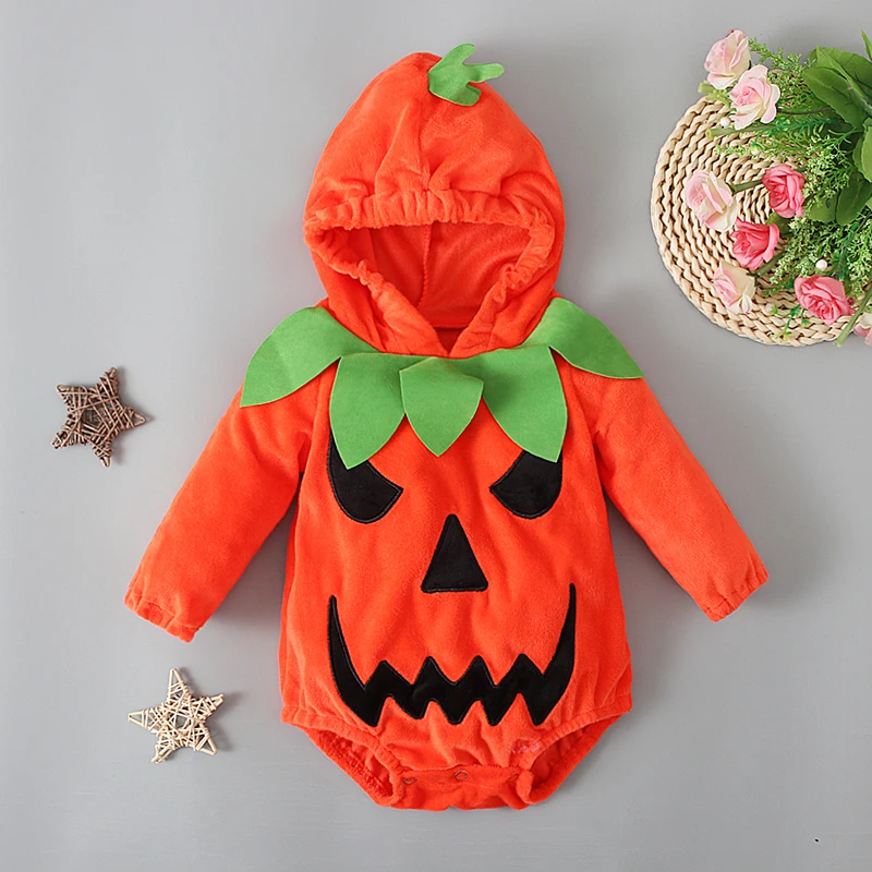 Boys and girls baby autumn and winter Halloween long-sleeved hooded pumpkin pattern jumpsuit baby crawling clothes