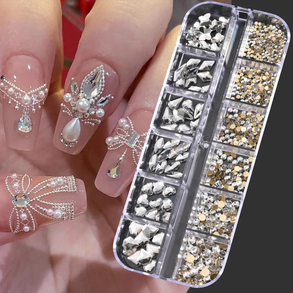12Gird 3D Glas AB Kristall Nail Art Strass Kit Flatback Runde Perle Charm Edelsteine Schmuck Diamant mit Werkzeugen für Nail Art