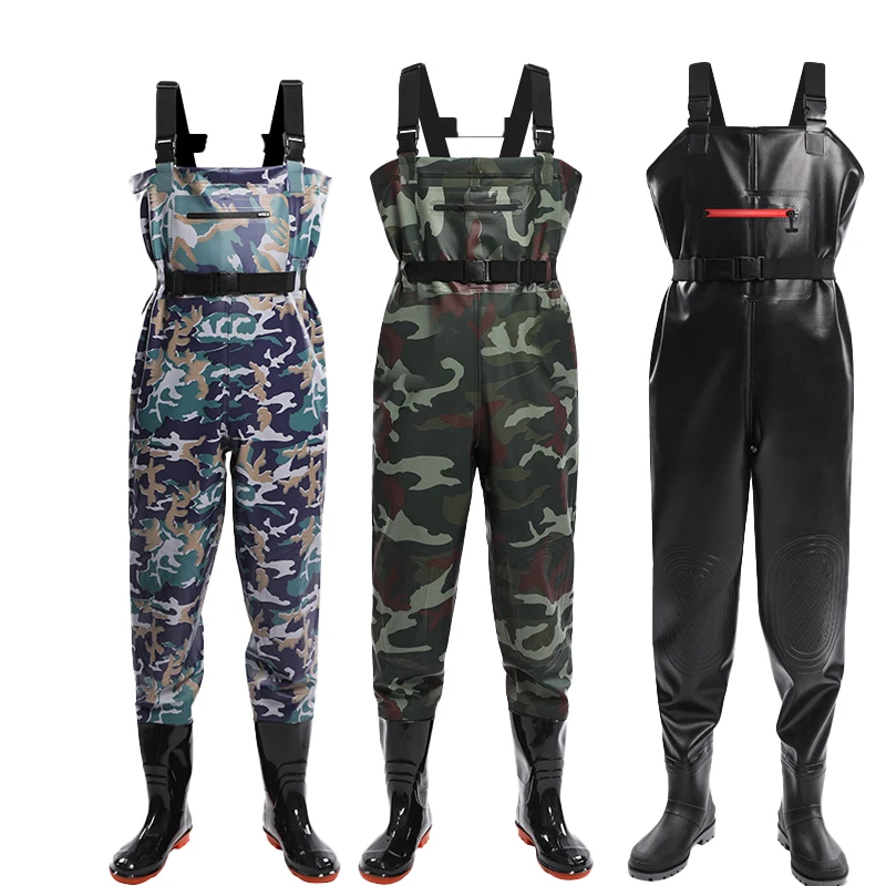 Durable PVC Fishing Pants Waterproof Leather Straps Half-body Protection Wading Suit Jumpsuit with Shoes