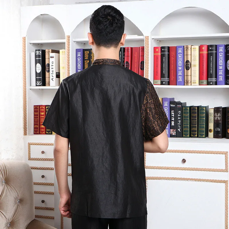 New arrival natural silk gambiered Guangzhou gauze standing collar shirt for men,100% silk short-sleeve henley style men shirts