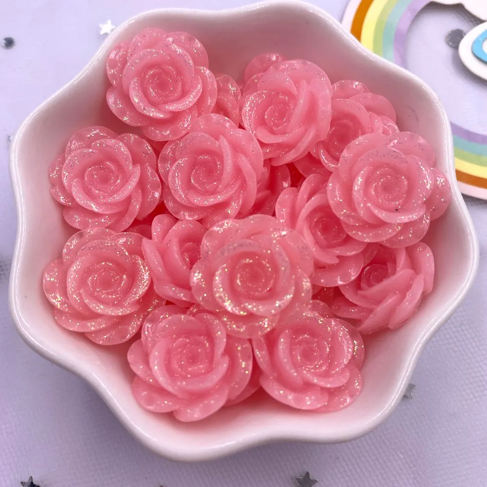 Resin 18mm Glitter Rose Flatback Big Flower Rhinestone Gems 10Pcs Figurines Scrapbook DIY Home Ornaments Applique Crafts OF578 L