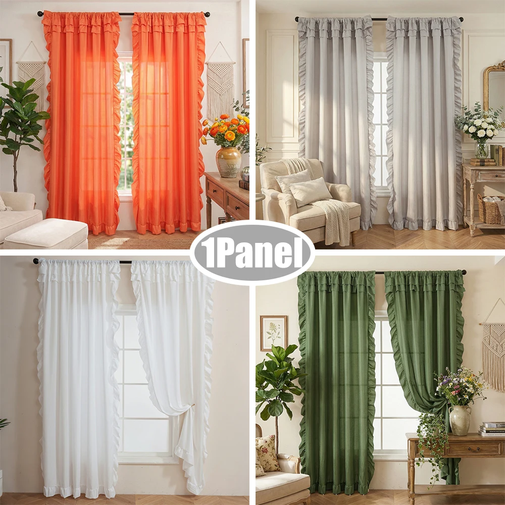 1/2Panel Vintage Ruffle Sheer Curtain Panels for Living Room Bedroom Study Doorway Lotus Leaf Edge Tulle Drapery Home Decorative