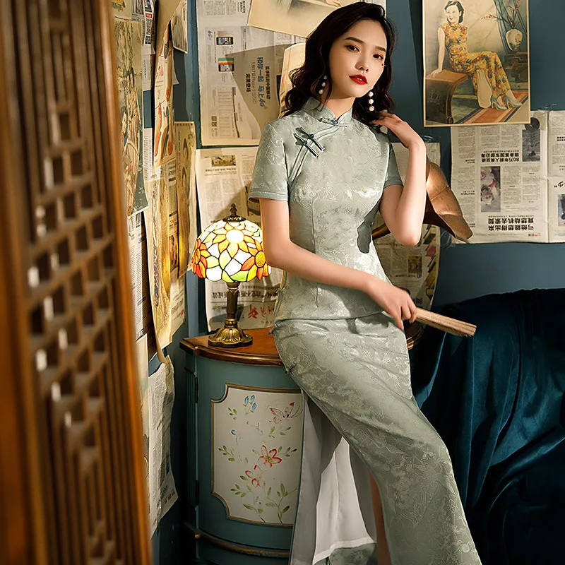 Summer 2025 Wide-Brimmed Eight-Button Retro Stand-Up Collar Long Cheongsam Dress for Women Daily Improved Female Fashion