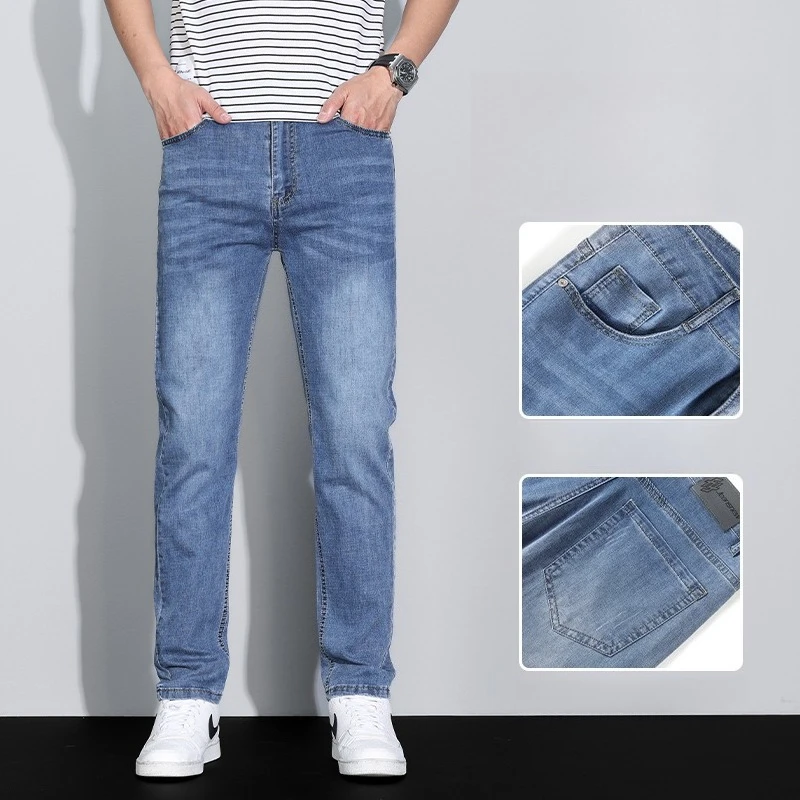 Celana Kargo Denim Sutra Es Pria Jeans Kasual Bisnis Tipis Baru Musim Panas Luar Ruangan Y2K Cocok untuk Semua Jeans Elastis Lurus Slim Fit Pria