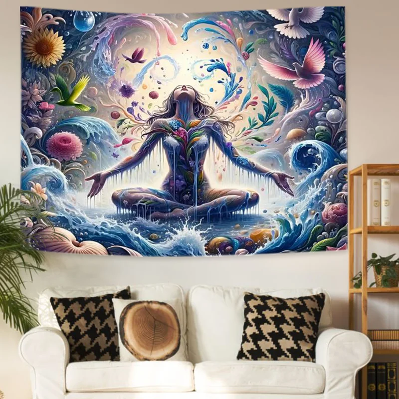 Meditativo sonho mulher tapeçaria cachoeira design decoração do quarto parede pendurado tecido de poliéster inclui acessórios gratuitos