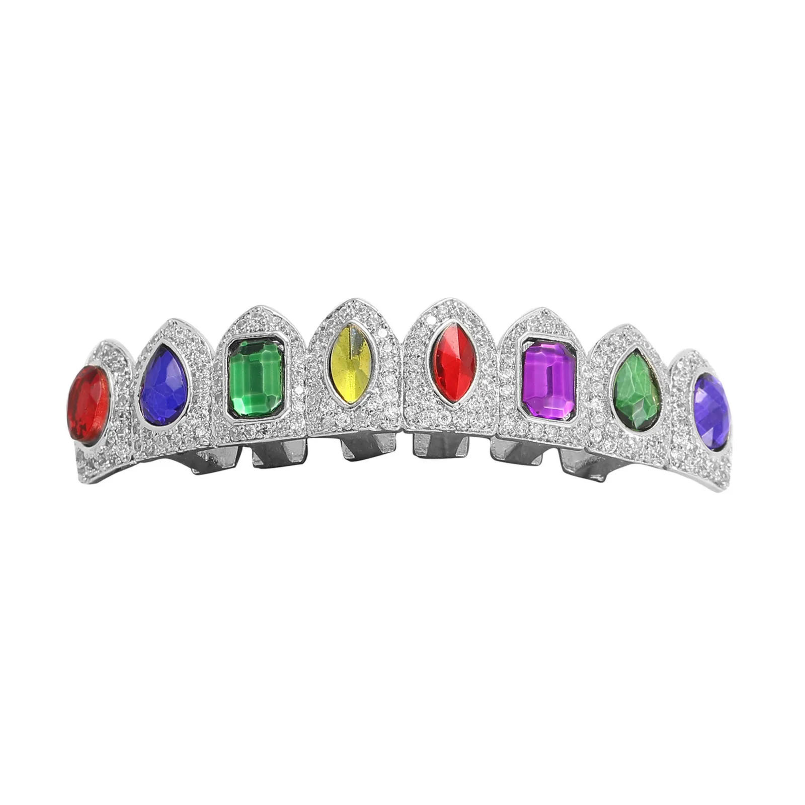 Full CZ Multi-color Stones Teeth Grillz Caps Cubic Zircon Iced Out Micro Pave Top&Bottom Charm Grills Set For Men Women Jewelry