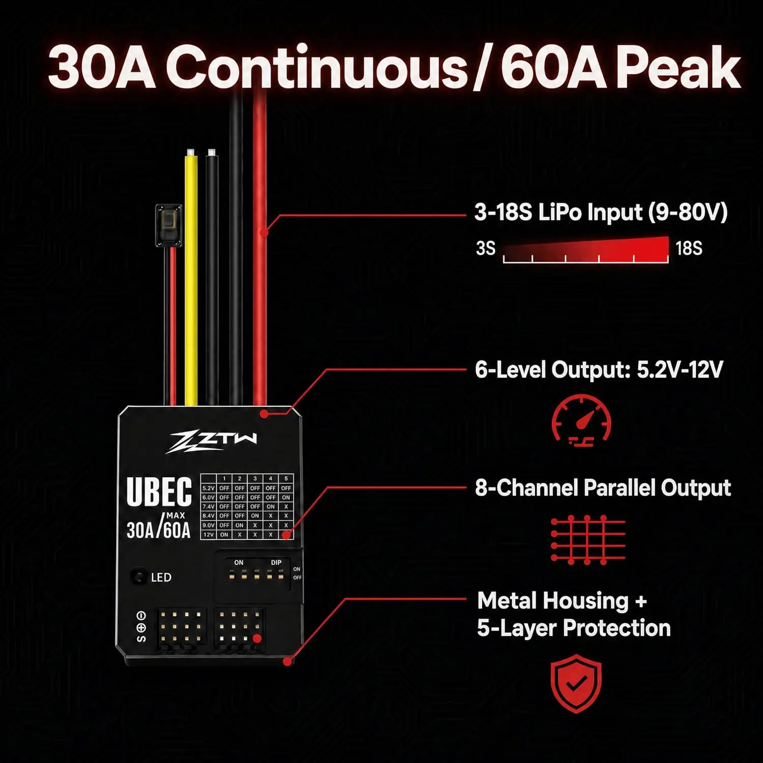 UBEC 30A HV Adjustable Output Voltage 5.2V-12V External BEC for RC Airplane Fixed-Wing Helicopter FPV Drone Quadcopter 3-18S