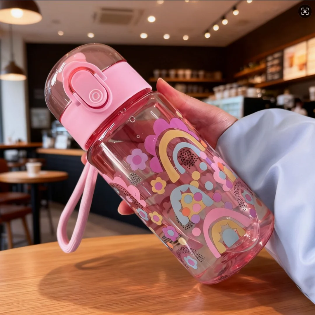 550ML Rainbow Dinosaur Elephant Printed Water Bottle, Fashion Portable Cup with Lanyard, Durable Lightweight Leakproof Large Cap image 4