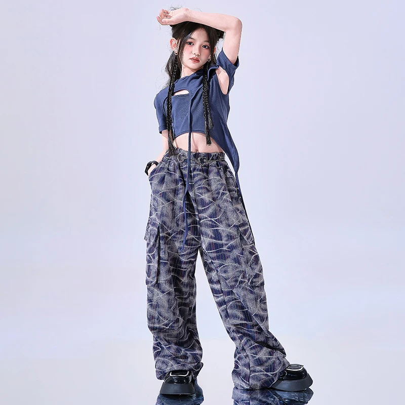 Roupas de dança jazz para meninas, roupas de verão para quadril e rua, mangas curtas, tops curtos, calças largas, roupas de performance de dança moderna bl15743