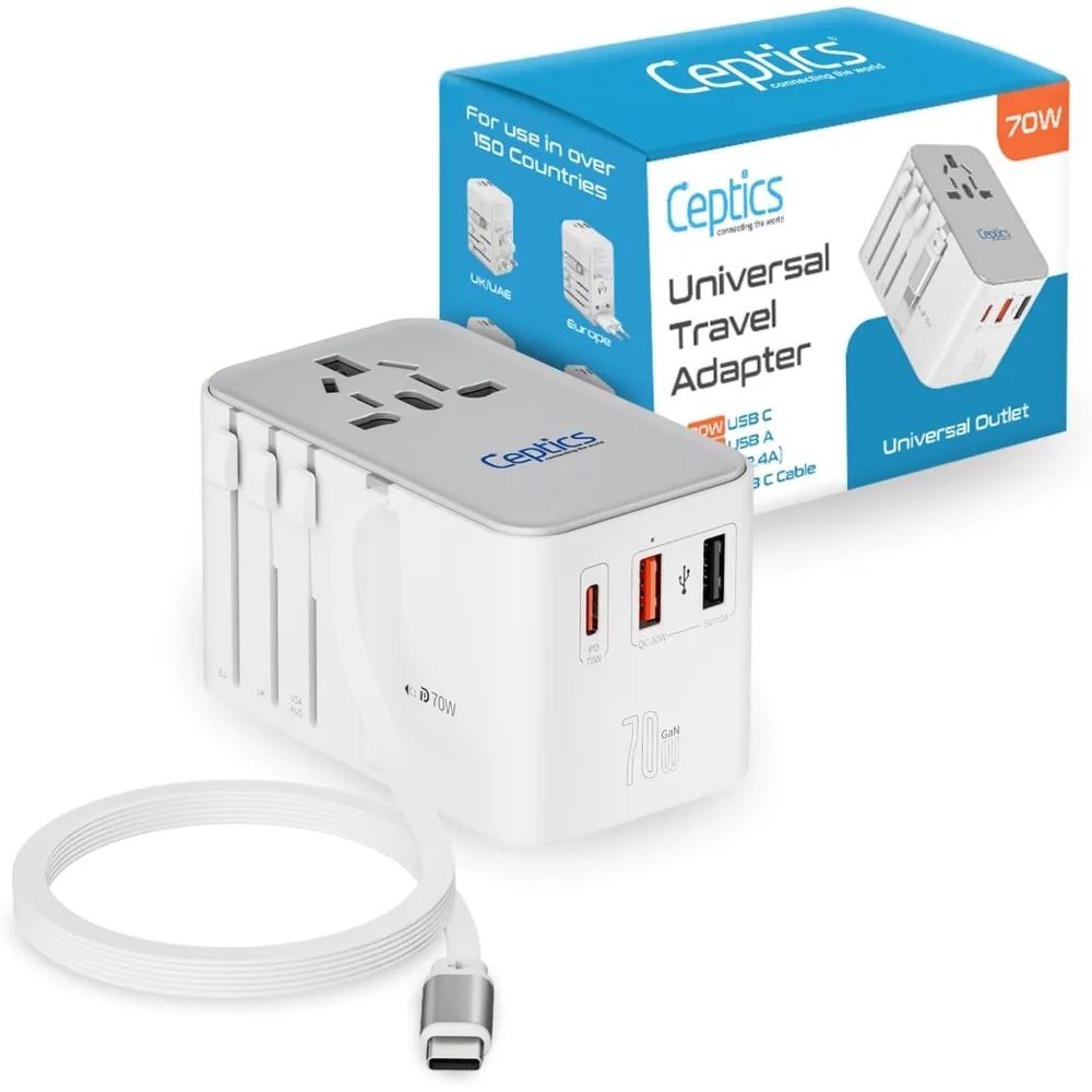 70W Global Travel Adapter with 65cm Retractable USB-C Cable, Dual USB-A Ports (One with QC 3.0), and 1 USB-C Port for 70W Power