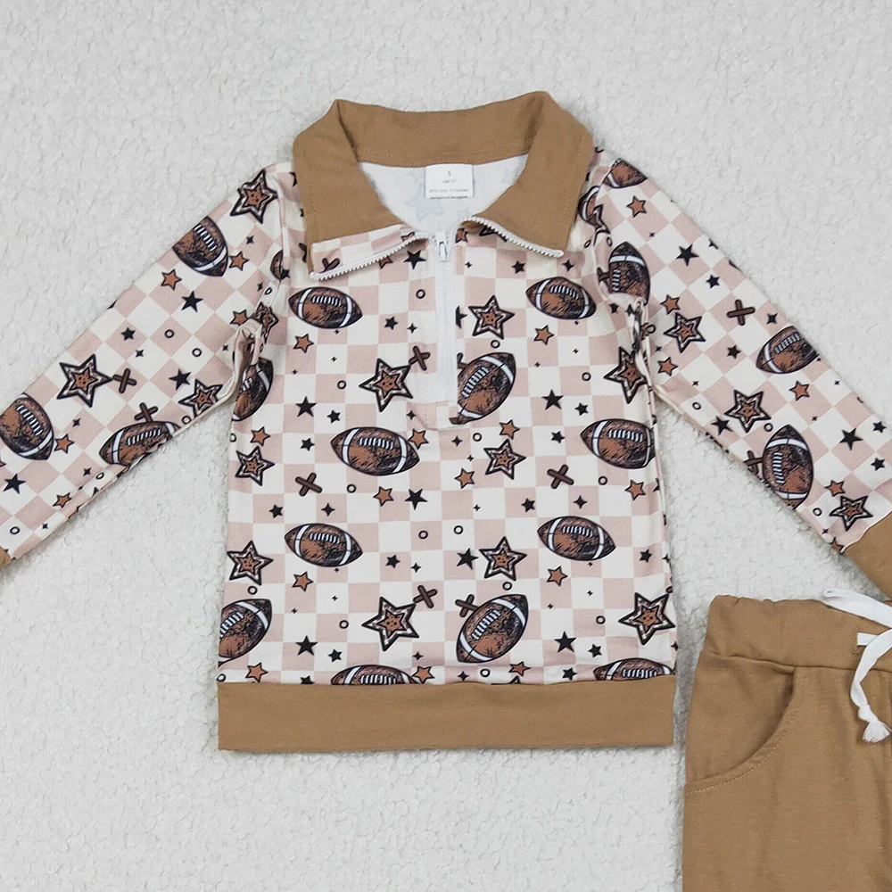 9.16 الأطفال بنجوم الرجبي البني منقوشة انغلق كم طويل السراويل الطويلة مجموعة فريق الزي الرياضي للأطفال