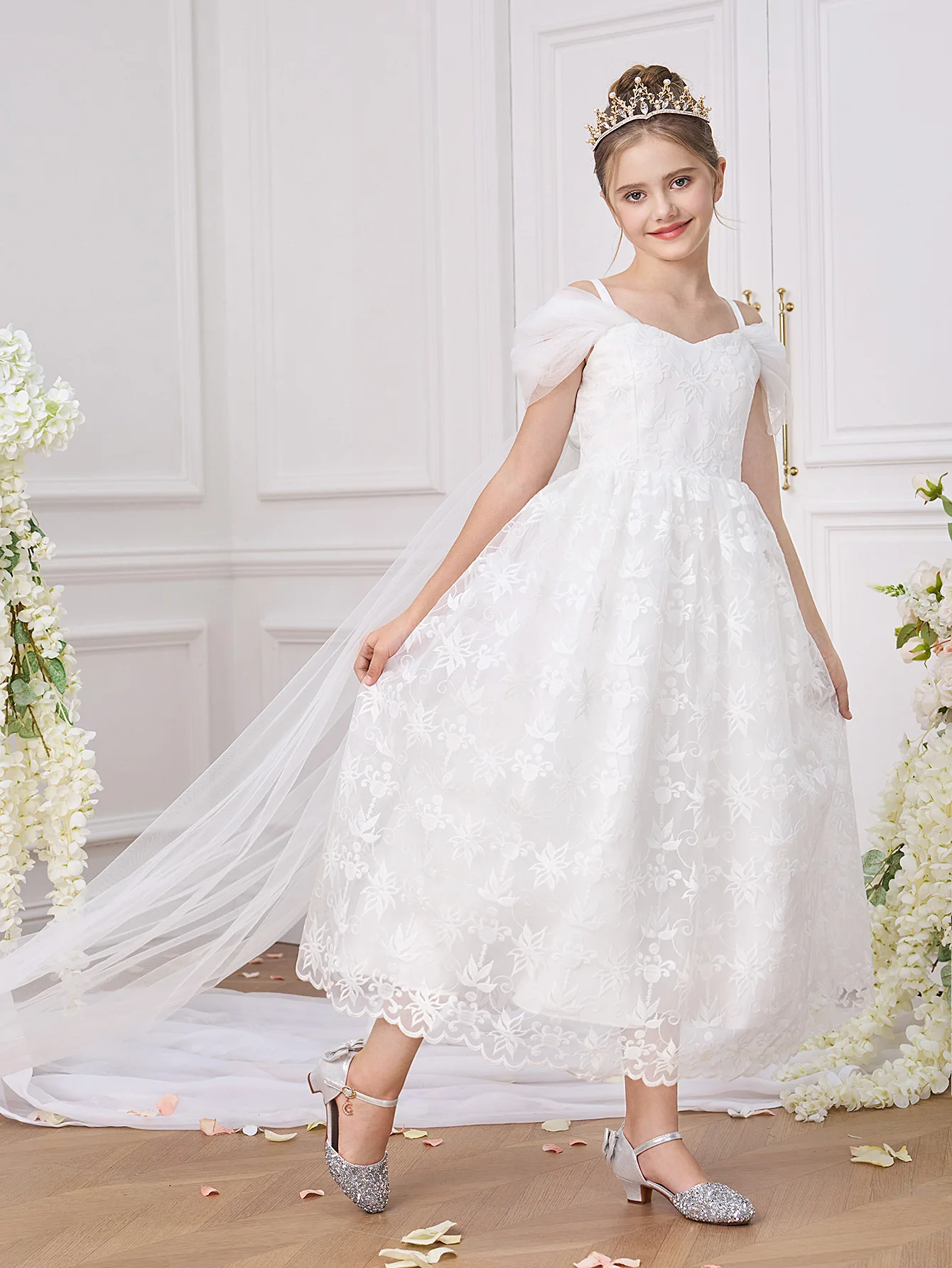 Elegant White Bridesmaid Party Girl Dress Fashion Tulle Wedding Baptism Birthday Prom Dress First Communion Princess Kid Clothes view 4