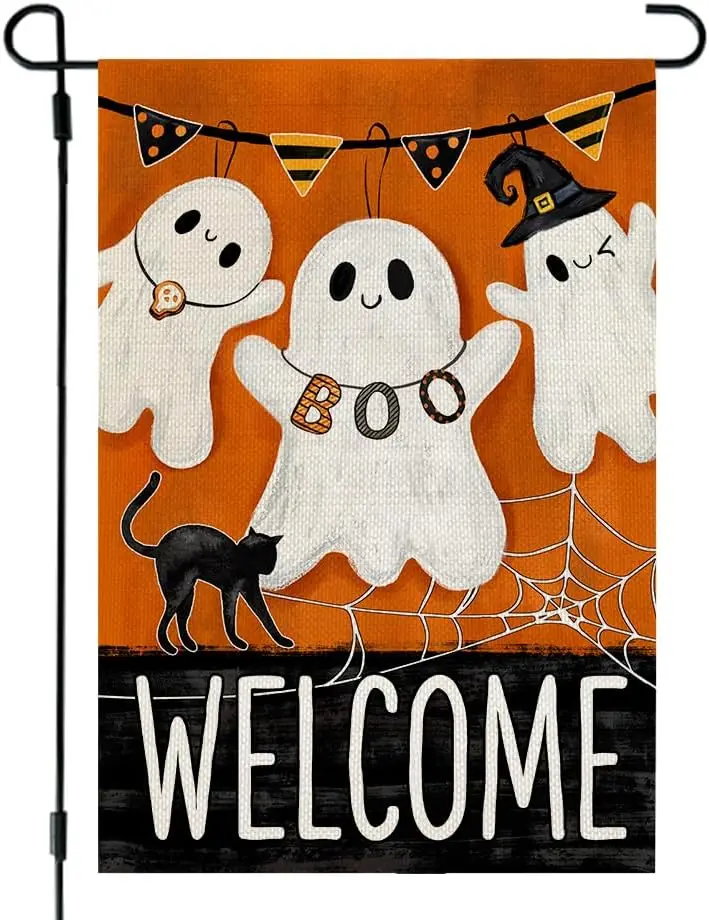 CROWNED BEAUTY Halloween Ghosts Garden Flag 12x18 Inch Double Sided Small Burlap Holiday Welcome Orange Yard Decoration for Outs