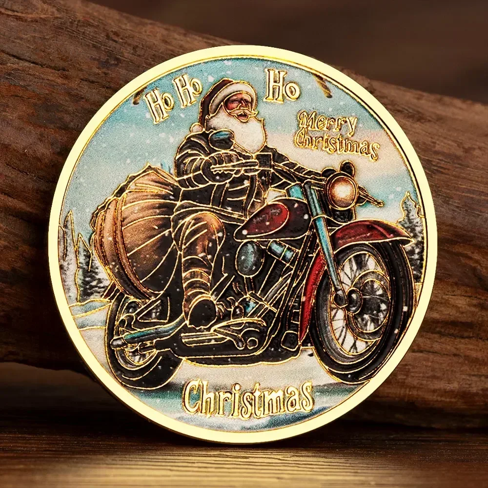 Ho Ho Ho Golden Plated Santa Claus on Motorcycle Delivering Gifts Collectible Coins Creative Christmas Coins Special Gifts