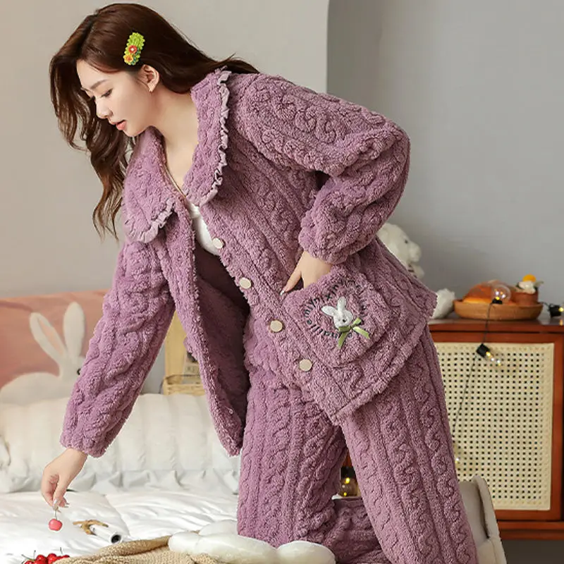 

2023 Winter Thickened Coral Velvet Cardigan Pajamas Woman Lovely Can Wear Butterfly Bear Home Suit sportswear coral fleece