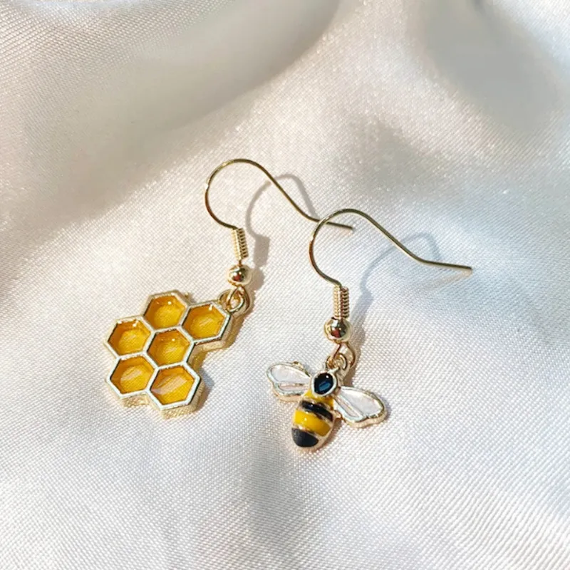 Cool Quirky Bee Earrings with Yellow Honey Comb / Mismatch Earrings on 14k Gold Plated Hooks Handmade Drop Dangle Earrings