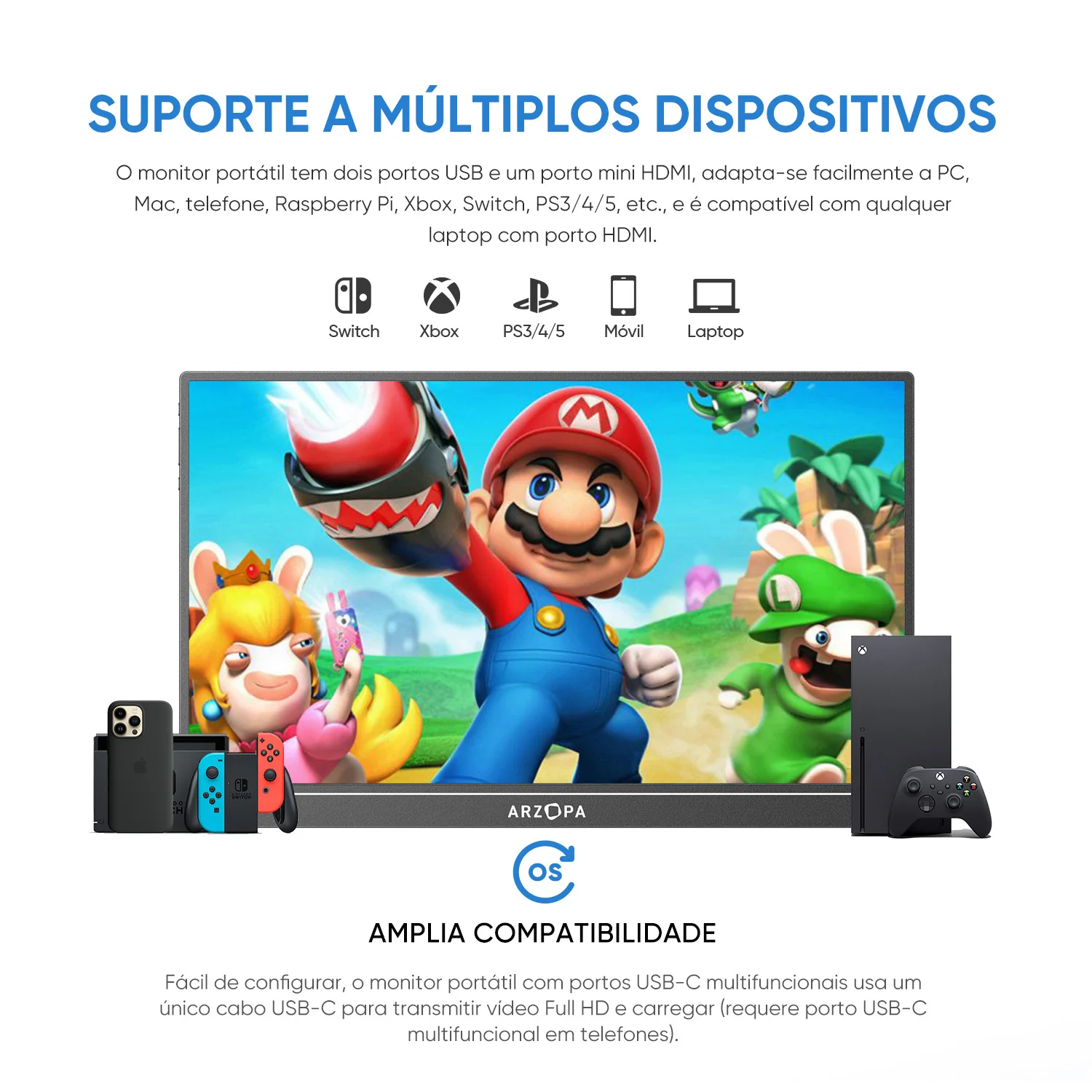[produto no brasil] ARZOPA 16 polegadas 2K Monitor Portátil 16:10 Tela IPS com tipo-c mini hdmi Segundo Display para MAC/Laptop/PC/Xbox/PS4/5/Switch,Z